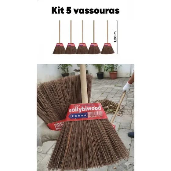 Kit com 5 Vassouras de Piaçava Nº 5 | Resistentes para Quintal e Calçada