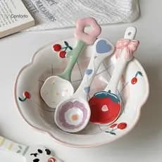 [EruditeCourtB] Colher De Cerâmica Fofa Underglaze INS Alça Longa Perfeita Para Casa Sobremesa Iogurte Aveia [Novo]