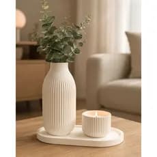 Kit Decorativo Vaso com Porta-Vela Canelado Minimalista | Decoração Moderna para Sala e Aparador