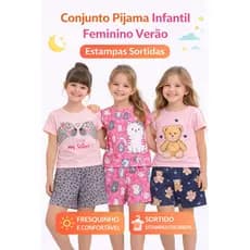 Conjunto Pijama Infantil Feminino Verão Algodão Estampado Confortável 1 ao 14