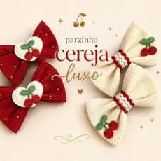 Parzinho de Laços Infantil em Veludo Cotelê com Aplique de Cerejas – Bico de pato. Cabelo menina