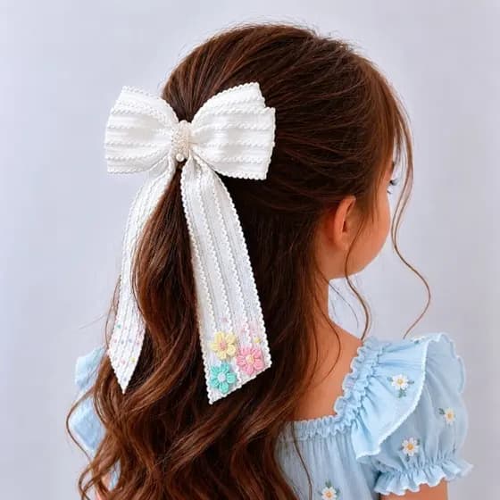 Laço Pontas Virginia Branco Infantil com Flores Delicadas e Pérolas | Laço Grande Elegante para Meninas