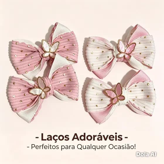 Par Laço Luxo Branco e Rosa em Veludo Cotelê com Borboleta – Parzinho Infantil