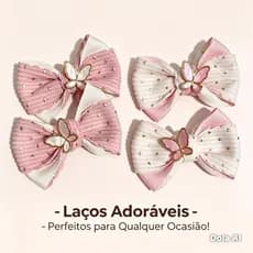 Par Laço Luxo Branco e Rosa em Veludo Cotelê com Borboleta – Parzinho Infantil