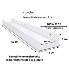Prateleira Canaleta Calha Suspensa 12cm x 40/50 e 60 cm Porta Temperos, Livros, Fotos
