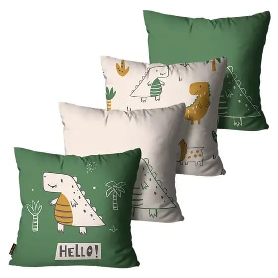 Kit com 4 Capas de Almofadas Dinossauro Branco e Verde 45x45