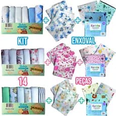 Kit Bebe Infantil 14 Peças 6 Paninho de Boca 5 Fralda de Pano 3 Cueiro Flanelado 100% Algodão Enxoval de Bebê