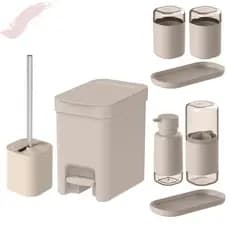 Kit Banheiro Lavabo Completo Dual Ou 8 peças - Lixeira de Pedal, Escova Sanitária, Porta Escovas, Porta Sabone