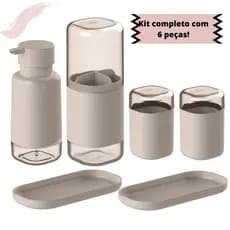 Conjunto Banheiro Completo 6 Pçs Porta Escovas Porta Sabonete Líquido Porta Algodão Porta Cotonete e 2 Bandejas