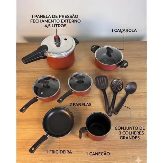 Kit Panelas Antiaderentes 8 Peças + Panela de Pressão 4,5L Fechamento Externo