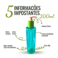 5 Frascos PET 200ml com válvula saboneteira luxo shampoo condicionador