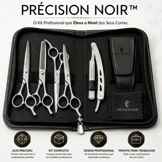 Tesoura Barbeiro Profissional 6 Peças Navalhete Fio Laser Kit Estojo Prata