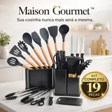 Conjunto Utensílios De Cozinha 19 Peças Completo Silicone Cabo Madeira Com Suporte Faca Tábua Preto