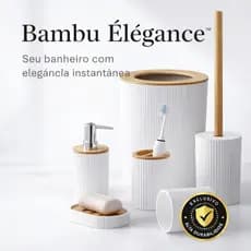 Kit Acessórios Para Banheiro 6 Peças Bambu Completo Organizador Com Lixeira E Escova Sanitária