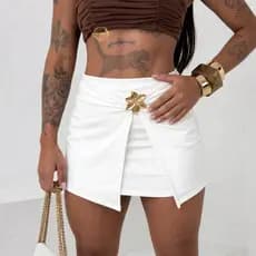 Short Saia Feminino Neoprene Com Modelagem Alfaiataria Cintura Alta com Fivela Flor Elegante Premium