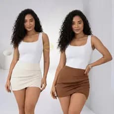 Kit Duplo Short Saia Feminina Grapeado Blogueira Tendência Drapeada Cintura Alta Tecido Encorpado Não Marca,