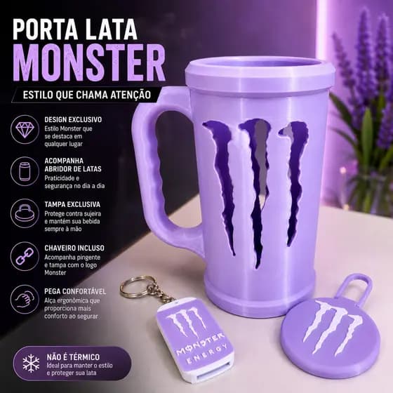 Caneca Monster Energético com Porta Lata 473ml e Suporte Prático