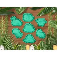 Kit Forma Cortador Modelador Biscoito Bolo Cookie Dinossauro com Carimbo 7 Peças | Cores Sortidas