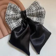 Laço Preto e Branco Cetim Tweed Estilo Coreano Grande Feminino
