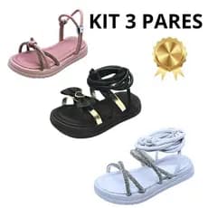 Kit 03 Pares de Sandália Rasteira Infantil Feminina Menina  Brilho  20 ao 34 Casual Confortável