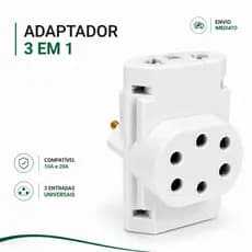 Kit 3 Adaptador de Tomada T Benjamin Universal com 3 Entradas Bivolt 10A 20A Resistente