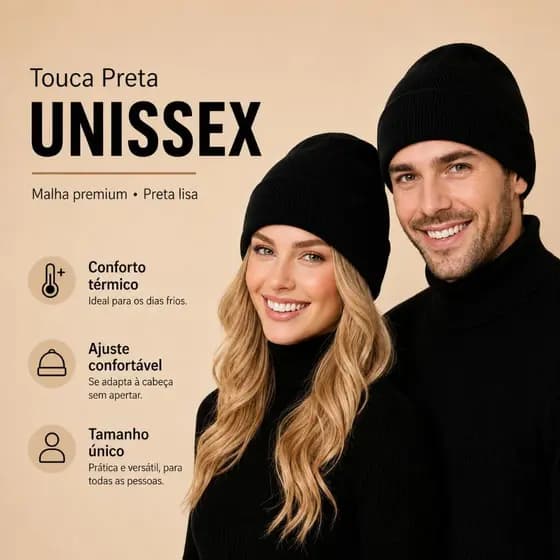 Touca de Inverno Unissex Preta Adulto Canelada 100% Poliéster Gorro Toca para Frio Confortável