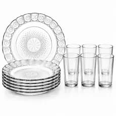 Jogo Copos e Pratos Vidro Transparente Kit 12 Peças Água Suco Drink Elegante Resistente
