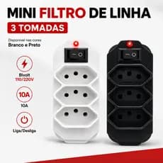 Mini Filtro de Linha 3 Tomadas Benjamin 10A Bivolt 110/220V Adaptador 3 Pinos Com Interruptor