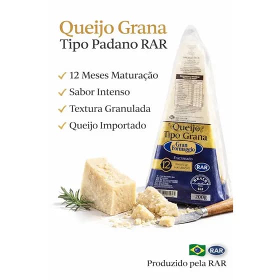 Queijo Grana Tipo Padano RAR 200g Maturado 12 Meses Importado Sabor Intenso