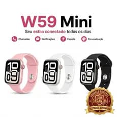 Smartwatch W59 Mini Inteligente Bluetooth Tela HD Monitor Cardíaco Esportivo Notificações Android iOS