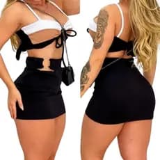 Conjunto Argolinha Mini Saia com Shortinho e Cropped Tamanho único Tecido Anarruga