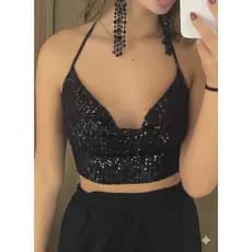 Cropped Halter Neck Brilho Paetês Costas Nua Carnaval
