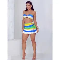 Conjunto Feminino Estrela. Mini Saia Com Babadinho Franzida e Cropped Top
