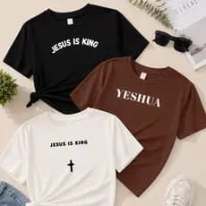 Kit 3 Blusas Femininas Cristãs 100% Algodão Jesus Is King Yeshua Off White Marrom