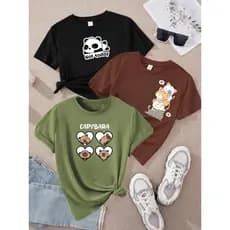 Kit com 3 blusas cabypara panda gatinho tendencia verde branca e preto 100% algodão