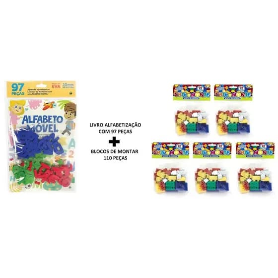 Kit Criança Feliz 110 Blocos De Montar e Livro Alfabetização 97 peças Brinquedo Infantil Didático