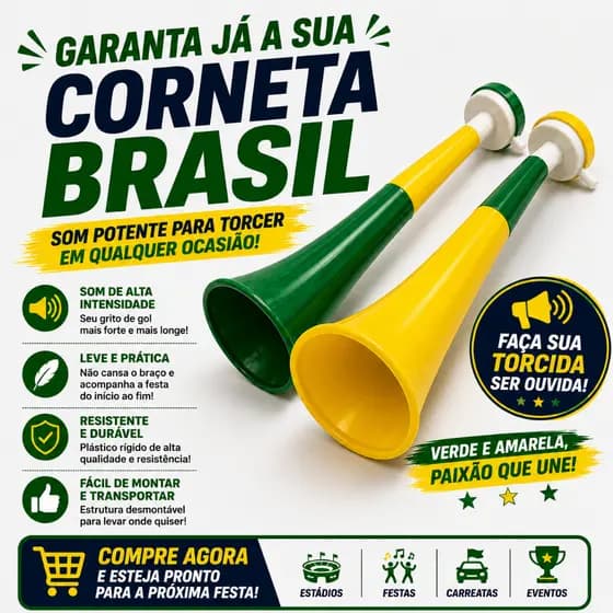 Corneta Brasil Verde e Amarela 40cm Fácil de Montar Para Torcida Festa Jogo Seleção