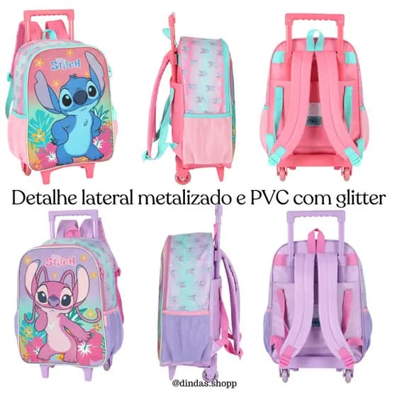Kit Escolar Stitch Angel -3 peças- Mochila de Rodinha Lancheira Térmica Estojo- Original Lincenciada