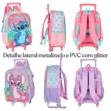 Kit Escolar Stitch Angel -3 peças- Mochila de Rodinha Lancheira Térmica Estojo- Original Lincenciada