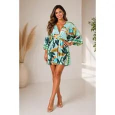 Macaquinho Feminino Estampado Tropical Manga Ampla Decote V Boho Verão Moda Praia Casual