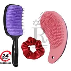 Kit Escova Cabelo Raquete Para Desembaraçar + Escova Mágica Pequena de Bolsa + Xuxinha Fru Fru Cetim
