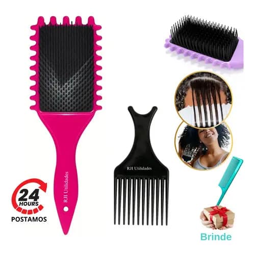 Escova Cabelo Fitagem Ondas Wave Cacheado Ondulado + Pente Garfo Black Power Volume Definição Kit