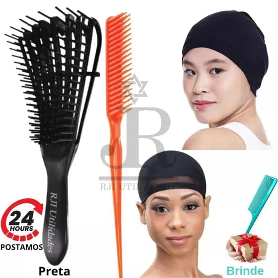 Escova Polvo Cabelo Cacheado, Pente 3 Fileiras Fitagem, 2 Toucas Pressão De Nero Tranças Lace Peruca
