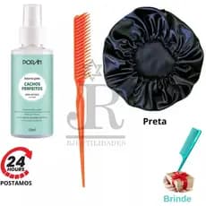 Spray Cabelo Cachos Perfeitos Anti Frizz Uso Diário Poran, Pente 3 Fileiras Fitagem, Touca de Cetim