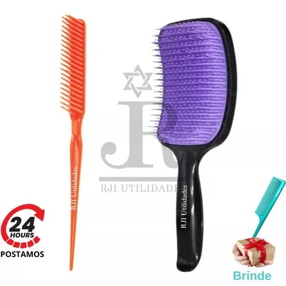 Kit Escova Cabelo Raquete Finalização Desembaraçar + Pente 3 Fileiras Fitagem Fino Ultra Resistente