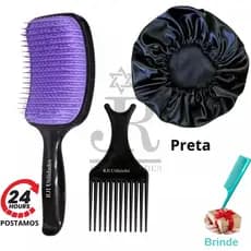 Escova Cabelo Raquete Quadrada + Pente Garfo Dentes Largos + Touca Cetim Preta Anti Frizz