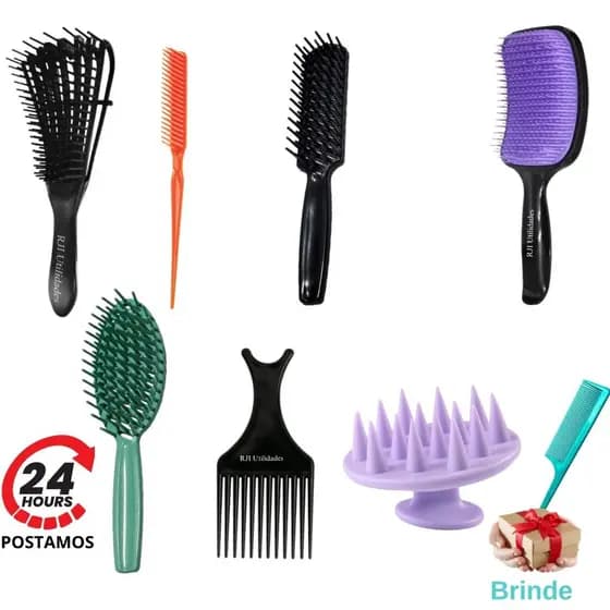 Kit Escovas de Cabelo Completo, Polvo, Raquete Vazada Retangular e Oval, 3 Fileiras, Garfo, Massageadora