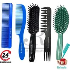 Kit 5 Pente Cabelo Jacaré, Mata Marido, Tradicional, Escova Raquete Reta Vazada, Raquete Oval Vazada
