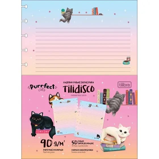 Refil Tilidisco Universitário 90g Purrfect Cats 50 Folhas 11 Furos - Tilibra