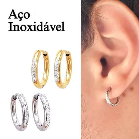 Brinco de Argola Click Cravejada em Aço Inoxidável Antialérgico